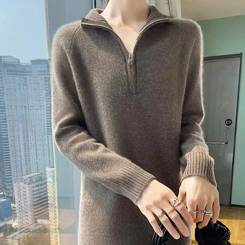 Autumn And Winter New Wool Dress Feminine Long-Sleeved Loose POLO Neck Dress