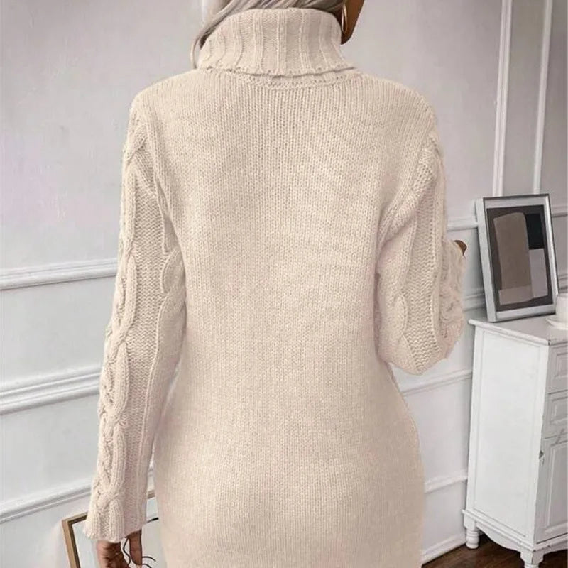 Sweater Dresses Women Autumn Twisted Ribbed Knitted Long Sleeve Turtleneck Mini Casual Solid Dresses Winter Streetwear