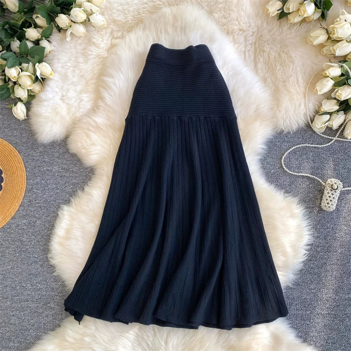 Women Ribbed Knit Pleated Midi Skirt Elastic High Waist A Line Flowy Long Skirt Korean Solid Color Casual Winter Knit Skirts