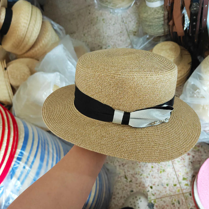1pcs Luxury Elegant Women Summer Straw Hat Flat Top Boater Cap Folds Hand Weave Wide Brim Sun Hat Panama Fedora Шляпа