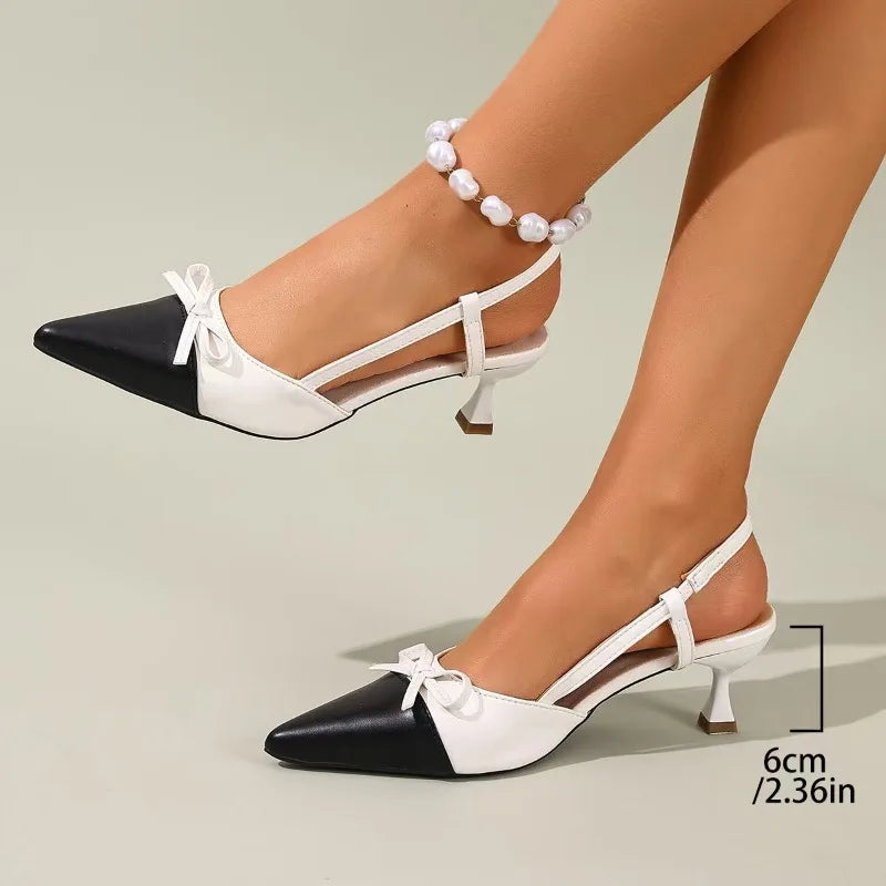 Women Design High Heels Two Tone Pointed Toe Slingback Heels Bow Decor Kitten Heel Pumps Office Dress Shoes