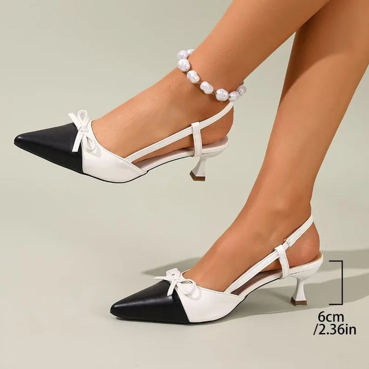 Women Design High Heels Two Tone Pointed Toe Slingback Heels Bow Decor Kitten Heel Pumps Office Dress Shoes