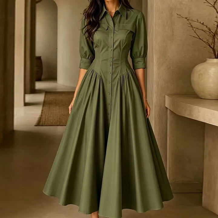 Elegant Women Solid Maxi Dress Single-Breasted Turn-Down Collar Autumn Party Dress Holiday Simple Button Patchwork Casual Dress