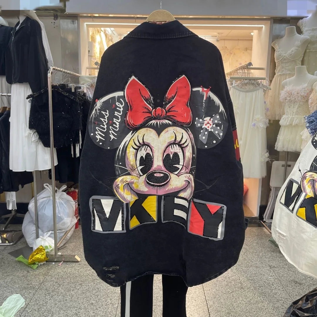 European and American Fashion Brand Outerwear with Cartoon Print Embroidery and Patchwork, Fashionable Loose Jacket 2026