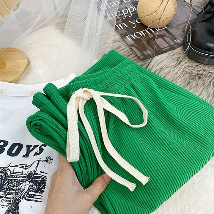 Women High Stretch Waist Wide Leg Pants Summer Drawstring Loose Long Rib Knitted Trousers
