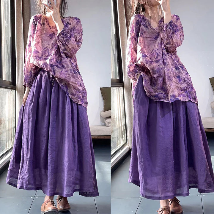 Slimming Printed Cotton Linen f Skirt And irt Two-Piece Set Summer 2023 Sweet Sle Loose Fit Long Sve round Ne