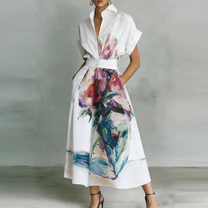 Flower Print Maxi Dress Women Summer Short Sleeve Turn-Down Collar Holiday Party Dress Button Patchwork High Street Ladies Dress