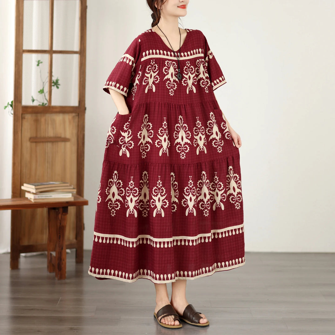 Loose Fit Floral Print Maxi Dress Ethnic Style Women&