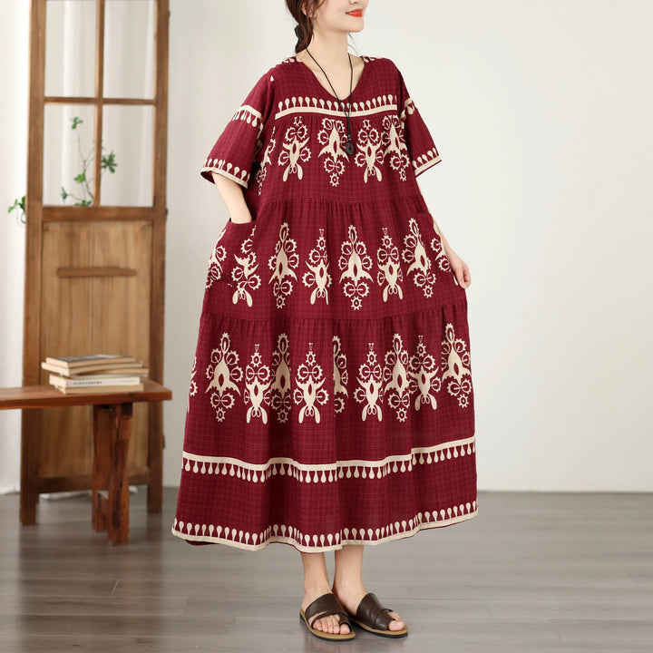 Loose Fit Floral Print Maxi Dress Ethnic Style Women&
