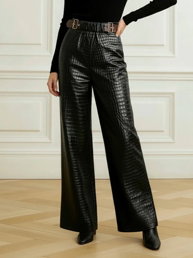 UOOZEE 2026 New Trendy Crocodile Printed Faux Leather Black Pants for Women Wide Leg High Waisted Buckle Belt Palazzo Trousers