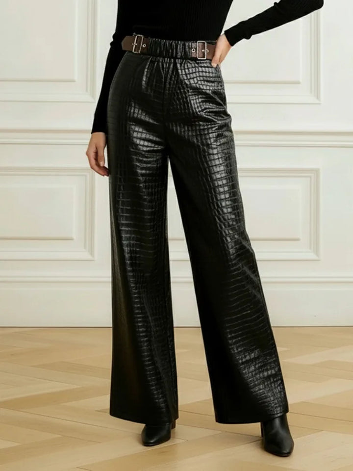 UOOZEE 2026 New Trendy Crocodile Printed Faux Leather Black Pants for Women Wide Leg High Waisted Buckle Belt Palazzo Trousers