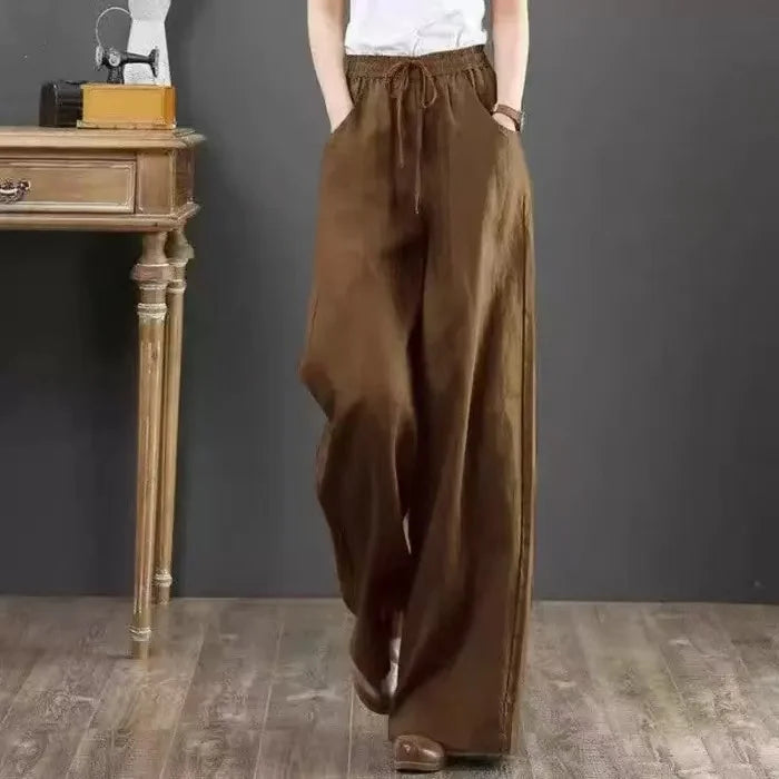 Women Wide Leg Pants Solid Loose Length Pants Cotton Linen Elastic Waist Casual Pants Vintage Mid Waist Pants 5XL