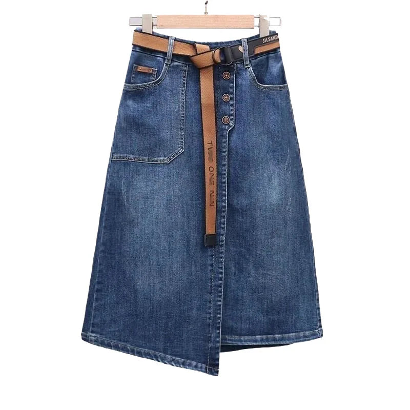 Fashion Asymmetrical Denim Midi Skirt With Belt Women Summer Vintage Jeans Pencil Skirt Elastic Back High Waist Women Midi Skirt