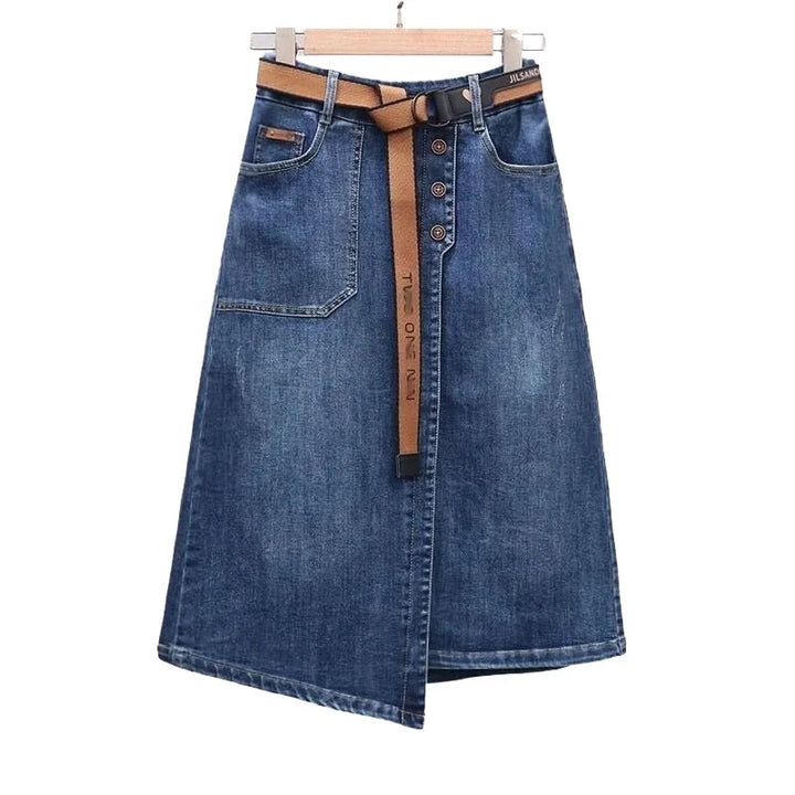 Fashion Asymmetrical Denim Midi Skirt With Belt Women Summer Vintage Jeans Pencil Skirt Elastic Back High Waist Women Midi Skirt