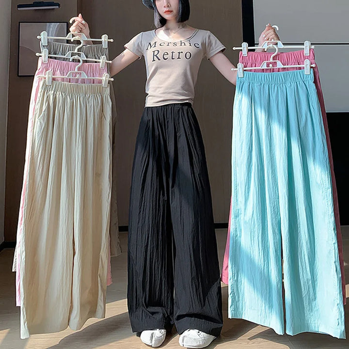 Spring Summer Women Loose Wide Leg Pants Casual Elastic Waist Straight Long Wide Leg Pants Female Casual Female Pants Trousers