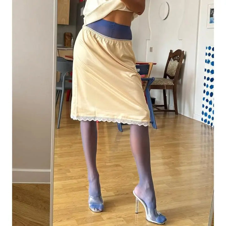 Women Satin Silk Midi Straight Skirts Elegant Y2k Elastic Low Waist Vintage Floral Lace Trim Half Slips Underskirts