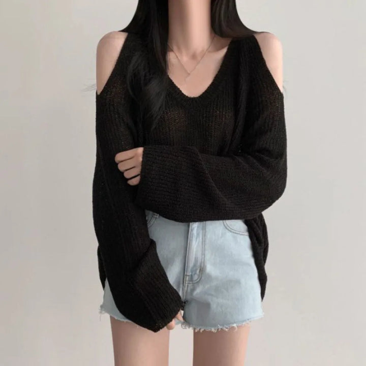 Fashion Hollow Out Knit Long T-shirt Pullover V-neck Crochet Knitwear Long Sleeve Chic Knitted Loose Top Women