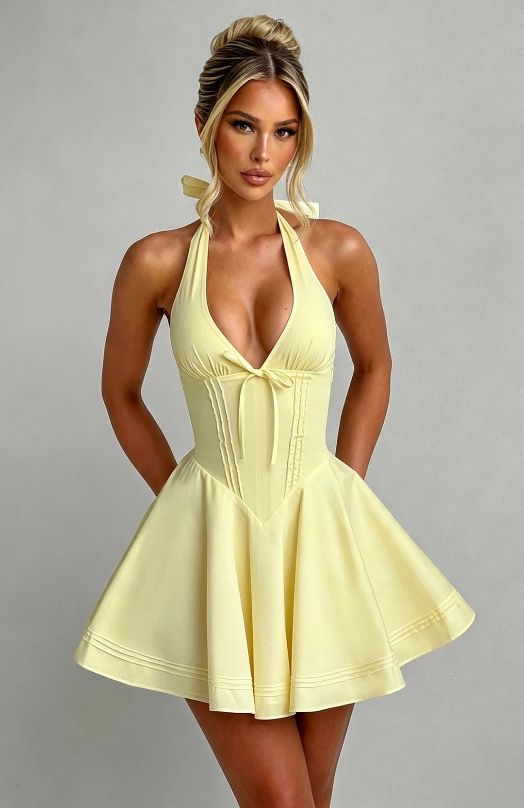 White Halter Women Mini Dress Deep V Neck Front Bow Corset Waist Flared A Line Dresses Wedding Rehearsal Cocktail Party Outfit