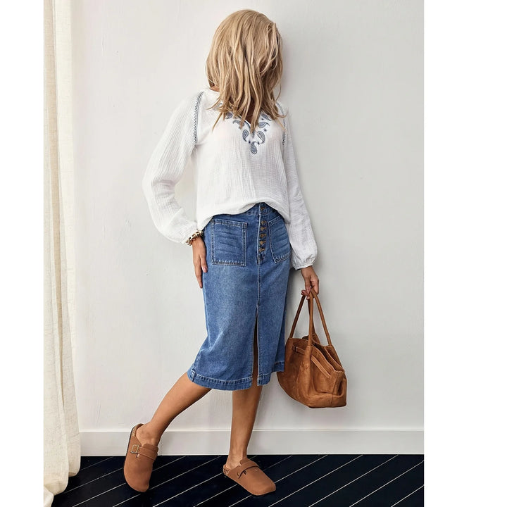 Fashion Multi-breasted Denim Skirt Front Split Fork Straight Denim Skirt Women