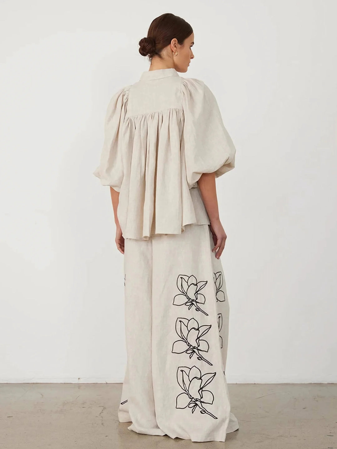 Cotton Linen Women Elegant Two Piece Set Loose Half Sleeve Embroidered Shirt &amp; Wide Leg Pants Set Casual Outfits Streetwear