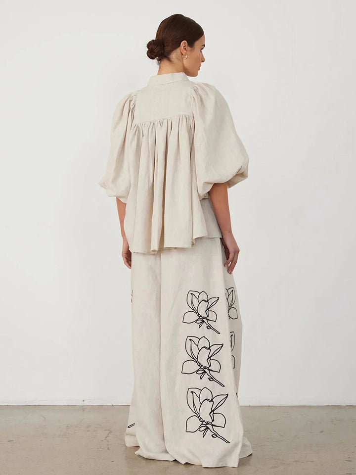 Cotton Linen Women Elegant Two Piece Set Loose Half Sleeve Embroidered Shirt &amp; Wide Leg Pants Set Casual Outfits Streetwear