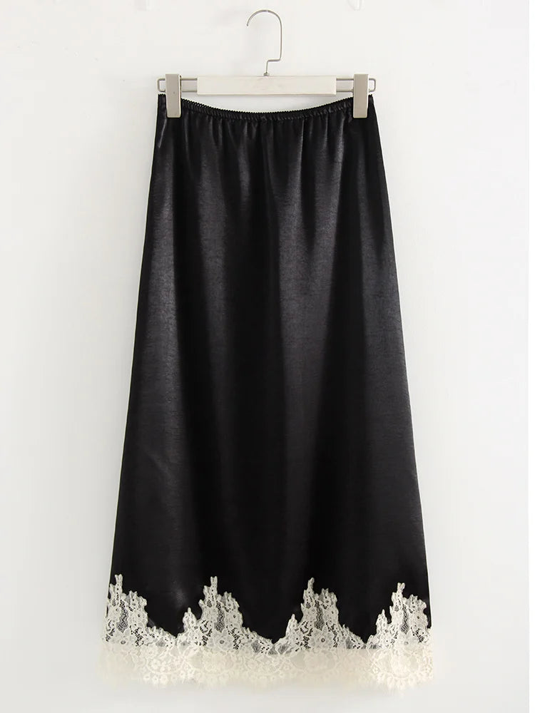 Streamgirl Midi Lace Satin Skirts Women Spring Summer High Waist Straight Burgundy Skirts With Lace For Women Office Wear Skirt