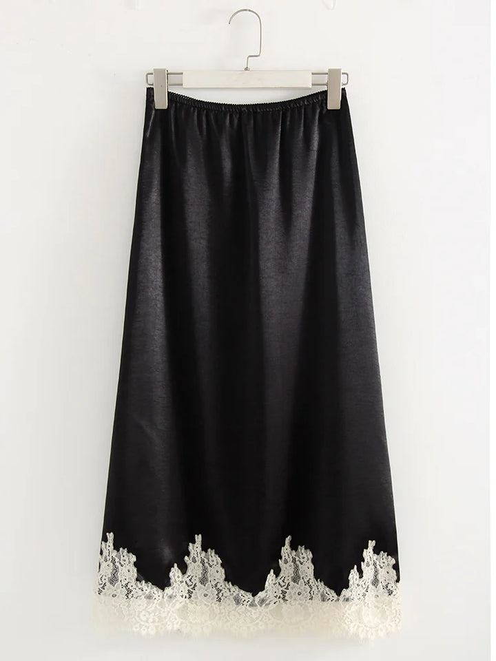Streamgirl Midi Lace Satin Skirts Women Spring Summer High Waist Straight Burgundy Skirts With Lace For Women Office Wear Skirt