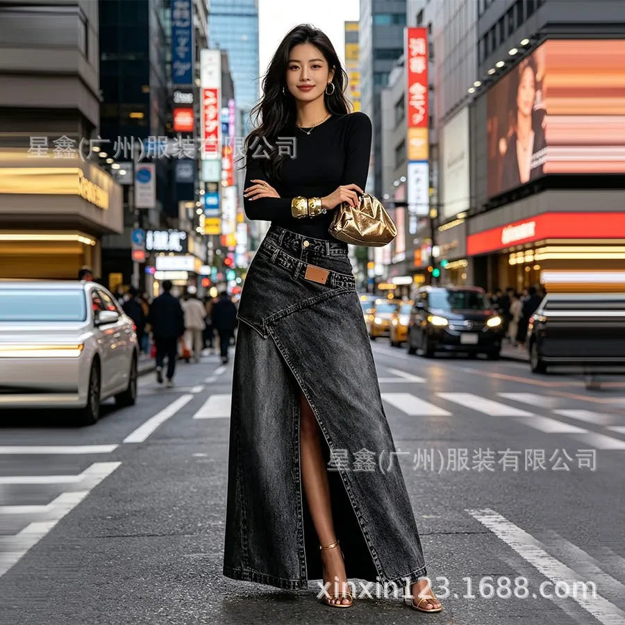 High Waist Asymmetrical Slit Denim Skirt Women&