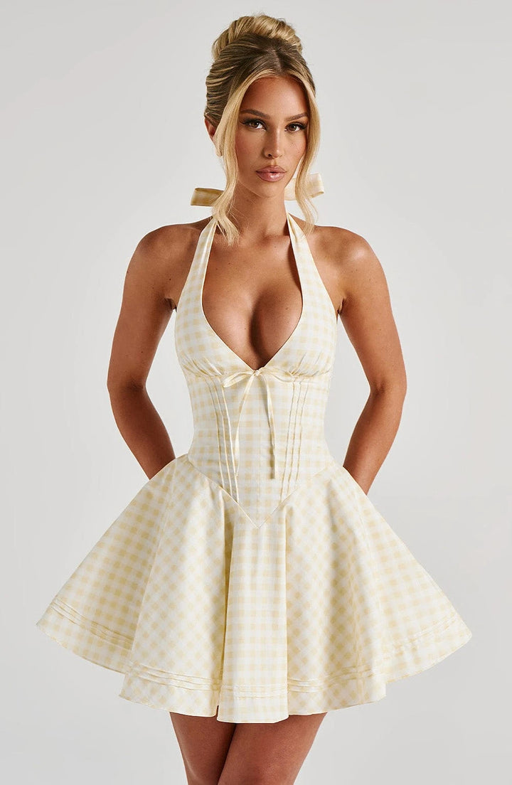 White Halter Women Mini Dress Deep V Neck Front Bow Corset Waist Flared A Line Dresses Wedding Rehearsal Cocktail Party Outfit