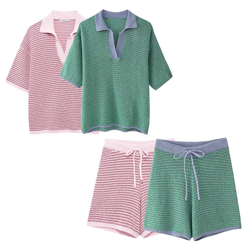 Willshela Women Fashion Two Piece Set Striped Lapel Neck Shirt &amp; Elastic Waist Shorts Chic Lady Women Shorts Sets