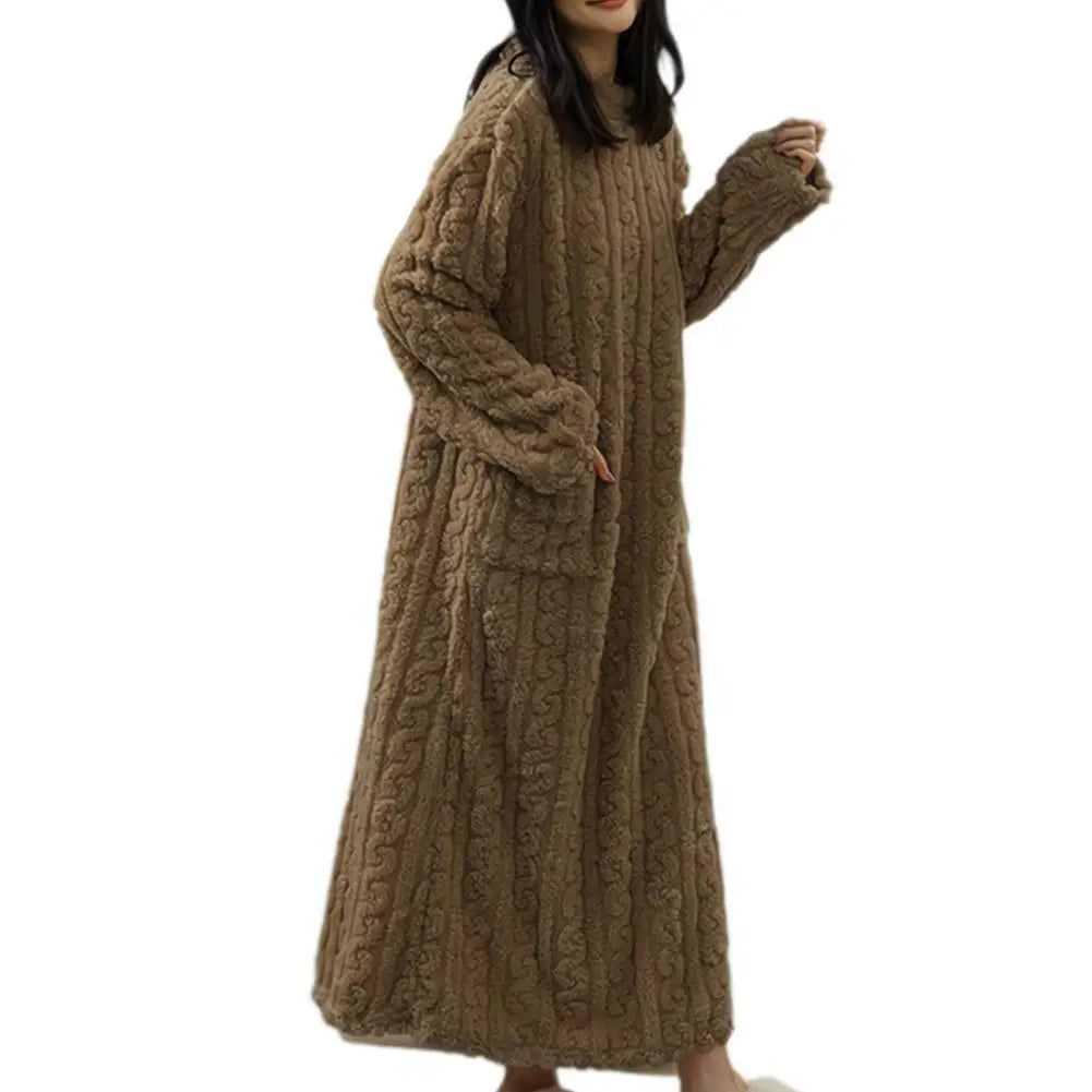 Winter Women Flannel Nightgowns Long Sleeve Double Pocket Loose Solid Sleepwear Jacquard Night Dress Thickened Warm Nightdress