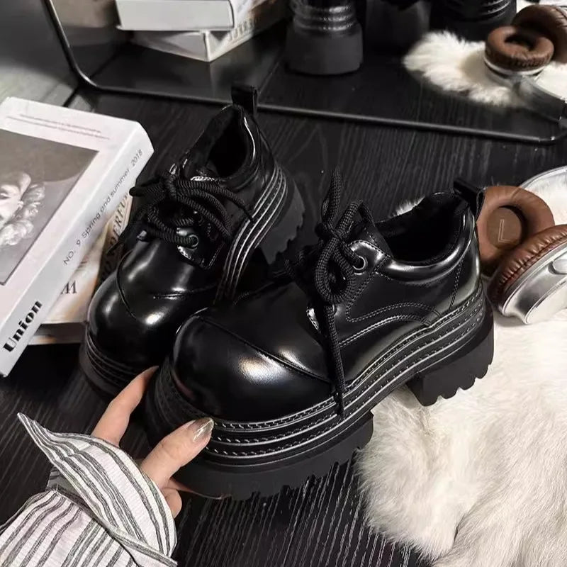 Women Retro Loafers 2025 Spring New Luxury Brand Increase Thick Sole Leather Oxford Shoes Lace Up Outdoor Work Platform Shoes