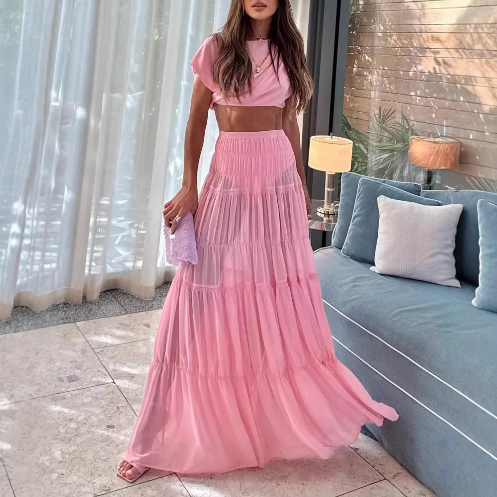 Summer Y2K Chic Pink Crop Top High Waist Layerred Ruffle Maxi Skirt with Shorts Set Outfits Elegant Women Skirt 3 Piece Set