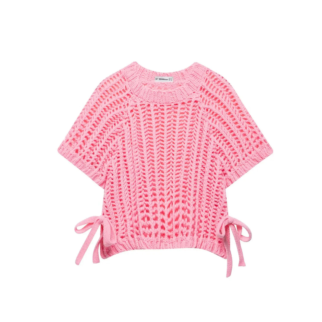 Hollow Out Knit Pullover Women Casual Round Neck Lace Up Bow Sweater Female Autumn Short Sleeves Solid Knitwears Lady