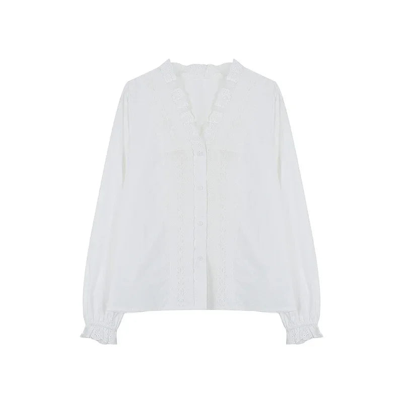 Vintage V-neck Lace Shirt Women&