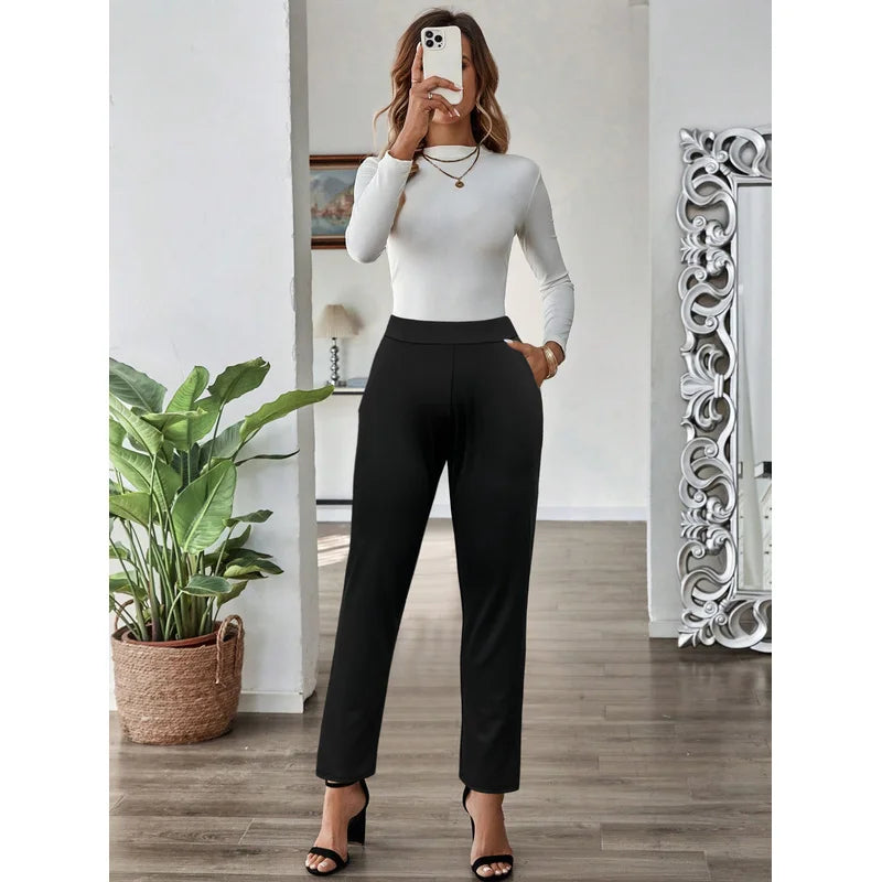 2025 Minimalist Slim Straight Trousers Women Regular Waist Breathable Slimming Solid Black Office Party 