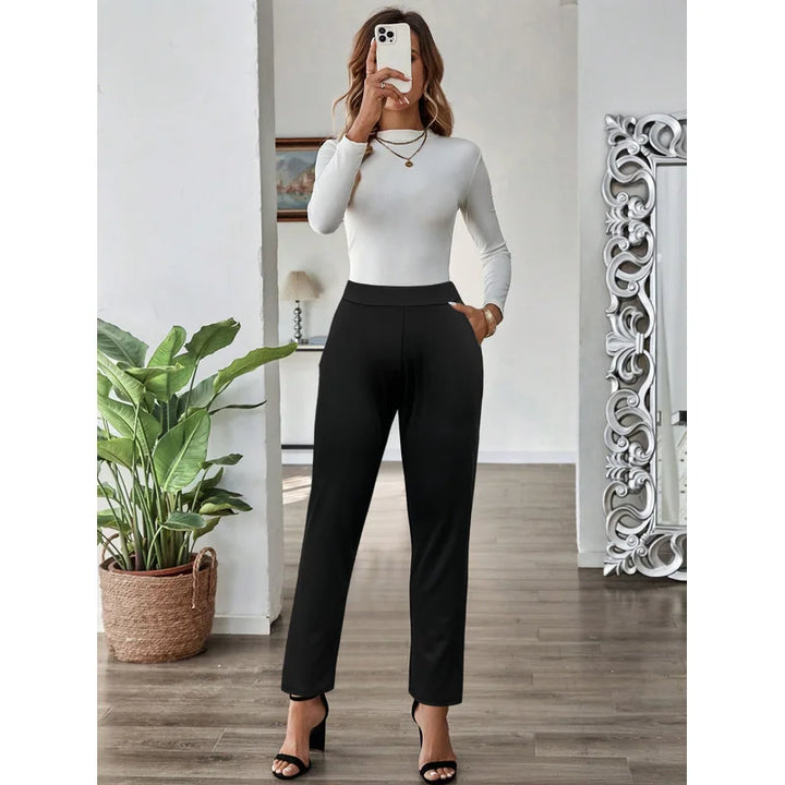 2025 Minimalist Slim Straight Trousers Women Regular Waist Breathable Slimming Solid Black Office Party 