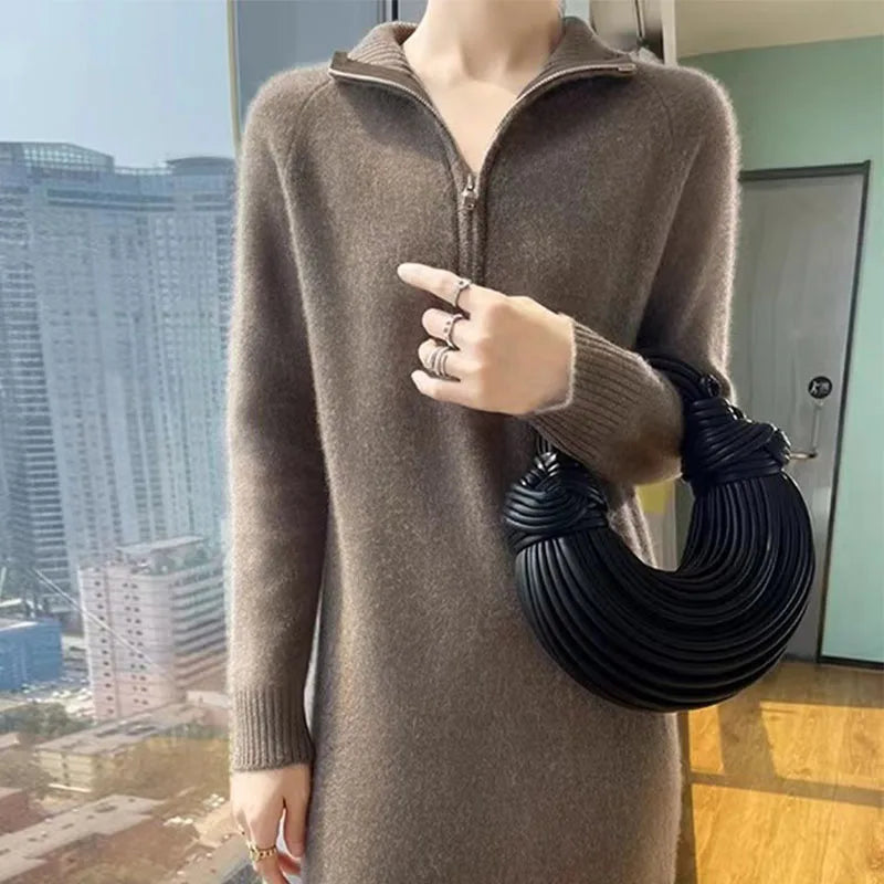 Autumn And Winter New Wool Dress Feminine Long-Sleeved Loose POLO Neck Dress