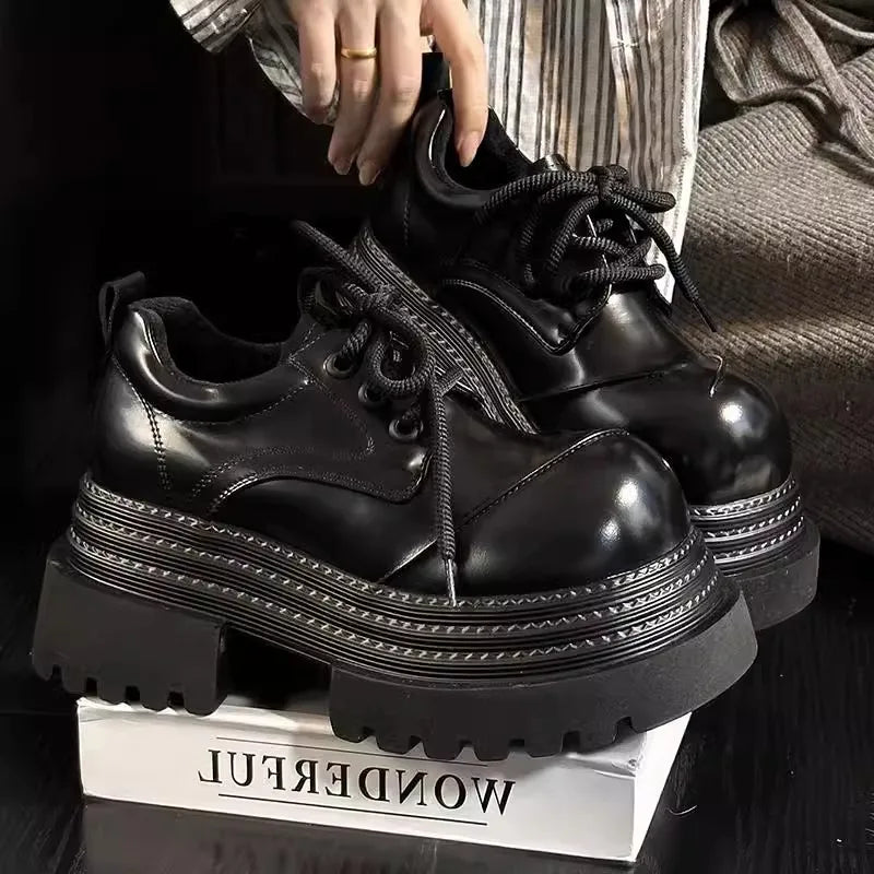 Women Retro Loafers 2025 Spring New Luxury Brand Increase Thick Sole Leather Oxford Shoes Lace Up Outdoor Work Platform Shoes