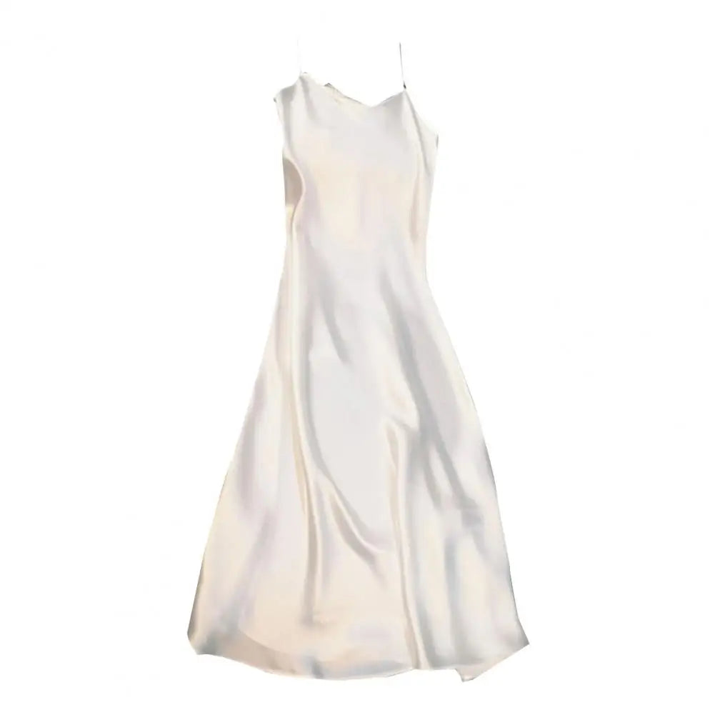 Women Slip Dress Silky Satin V Neck Backless Sleeveless Spaghetti Strap Prom Party Dress A-line Loose Hem Strappy Dress