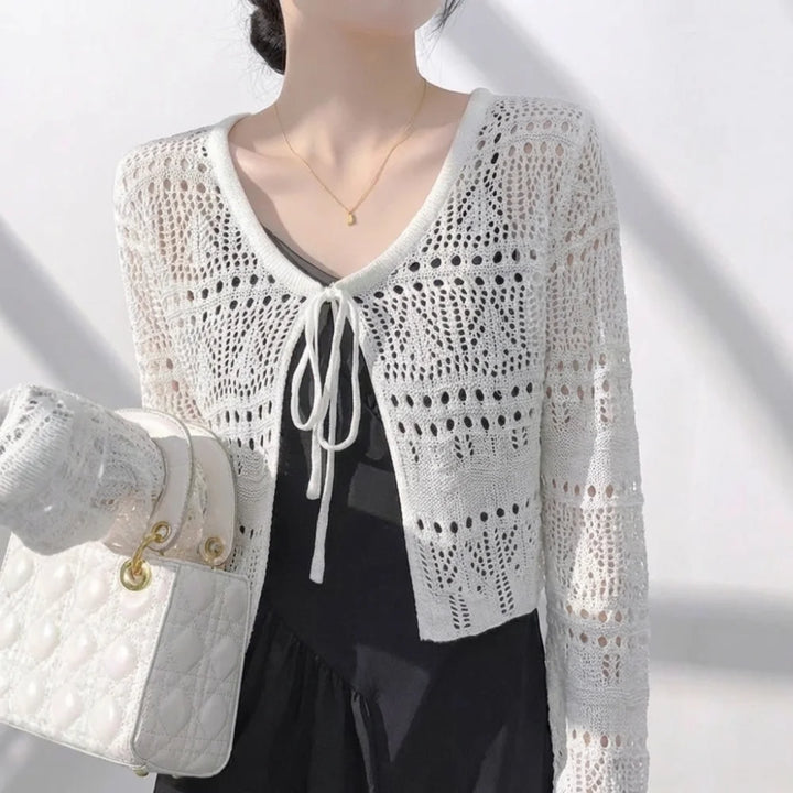 Fashion Hollow Out Knitted Cardigan Thin V-Neck Sun-Proof Tops Long Sleeve Casual Outwear Summer
