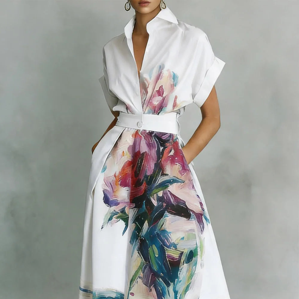 Flower Print Maxi Dress Women Summer Short Sleeve Turn-Down Collar Holiday Party Dress Button Patchwork High Street Ladies Dress