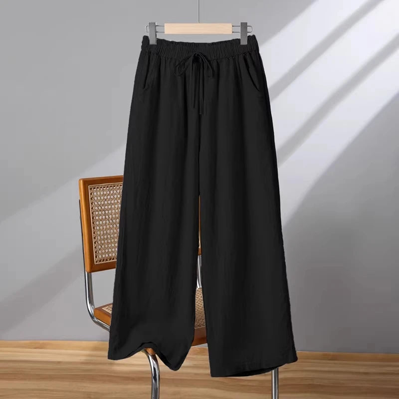 Linen Wide Leg Pants Women Summer Thin Loose Mom Small Size Big Size Casual High Waist Korean Sle Straight Tube Nine Points
