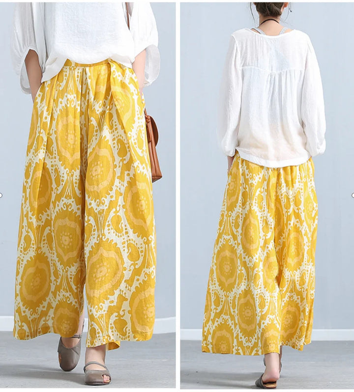 Printed Loose Linen Wide-Leg Pants for Women, Cropped Pants with Elastic Waist, Casual Versatile Skirt Pants, Yellow