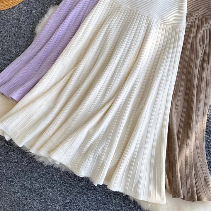 Women Ribbed Knit Pleated Midi Skirt Elastic High Waist A Line Flowy Long Skirt Korean Solid Color Casual Winter Knit Skirts
