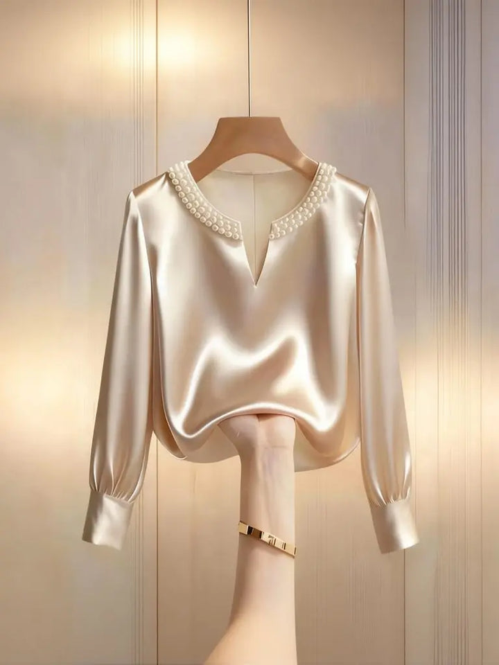 Pearl V-neck Silk Satin Top Women Luxury Elegant Long Sleeve T Shirt Commuter Loose Casual Basic Tees Chic Work Wear