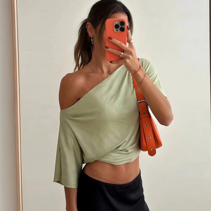 Women One‑Off‑Shoulder Satin T‑Shirt Waist Ruched Slim Fit Crop Top Solid Color Slanted Shoulder Y2K Casual Women Tees Tops