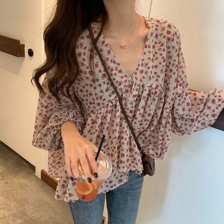 V-neck Chiffon Shirt Women Sweet Tops Blouse 2025 Spring Korean Floral Print Long Sleeve Casual Loose Slim Lady Clothes New 9307