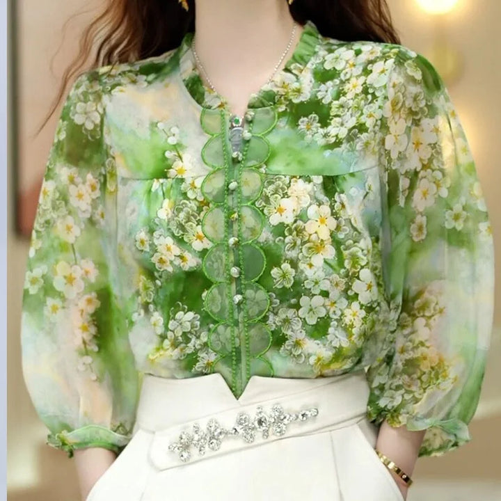 Summer New V-neck Fashion Long Sleeve Blouse Women High Street Casual Loose Printing Pullovers Elegant Button Patchwork Y2K Tops