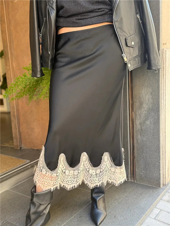 hirigin Women Elegant Lace Satin Spliced Midi Skirts Sexy Dots Print High Waist Retro Casual Straight Midi Skirts Y2K Streetwear